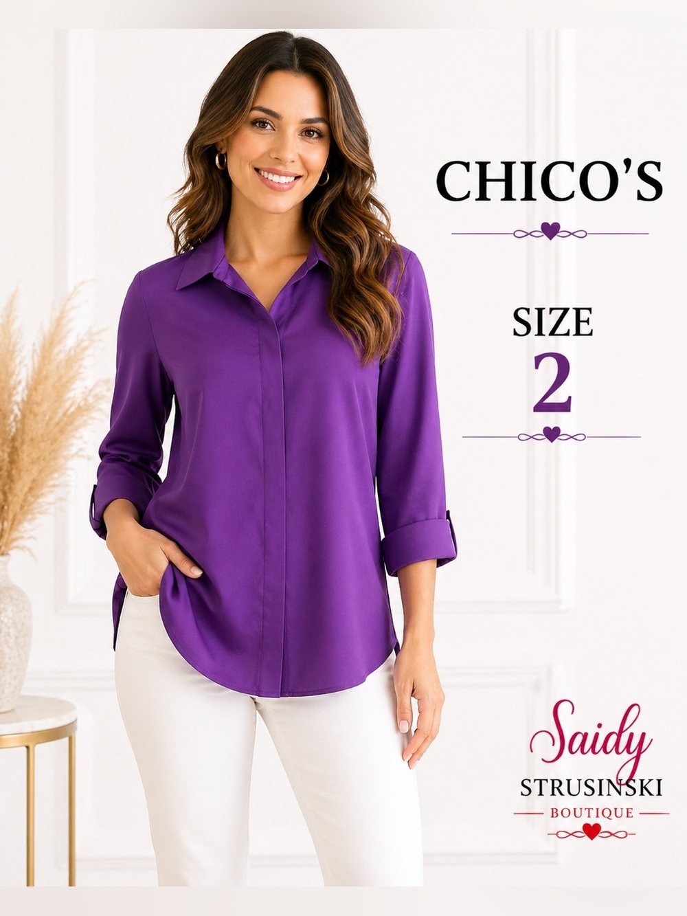 Chico's Purple Button Front Blouse Cottagecore Size 2 Non-Iron 100% Cotton